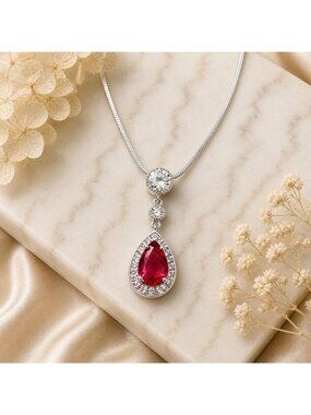 Pink Teardrop Necklace Sterling‎ Overlay Snake Chain Made with Swarovski Crystal